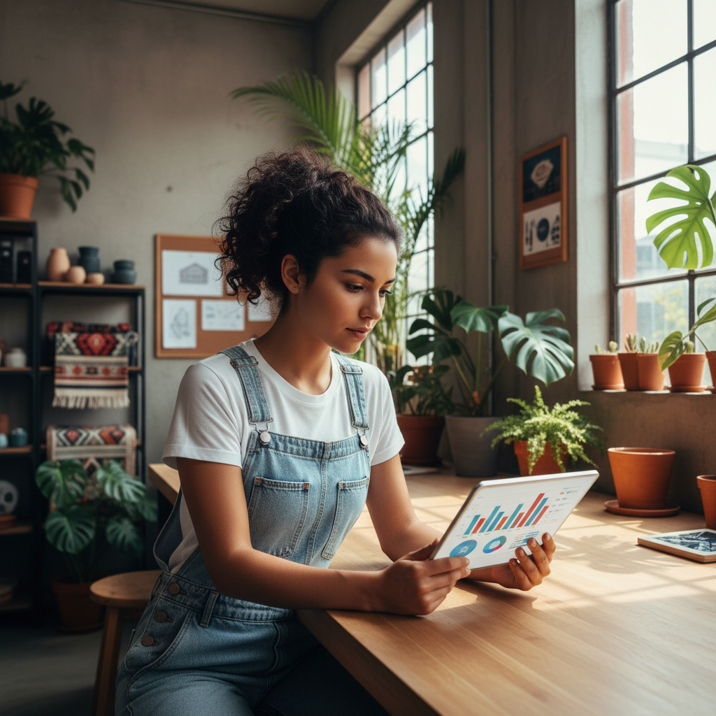 Emprendedora mexicana revisando sus planes de negocio